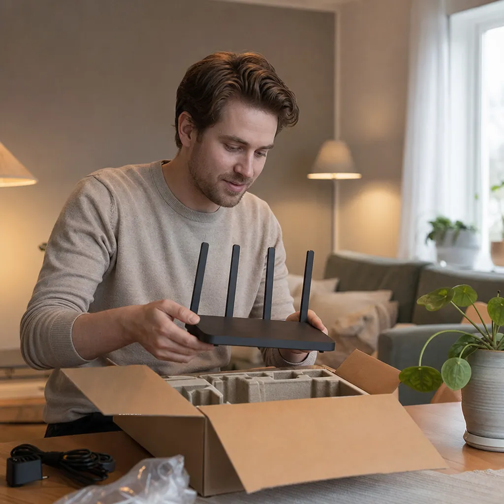 Person packar upp ny router