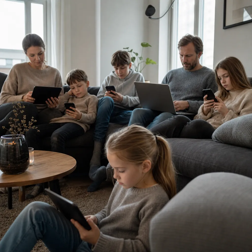 Familj i vardagsrum med enheter