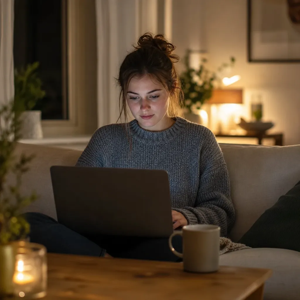 Person surfar på laptop i svenskt vardagsrum