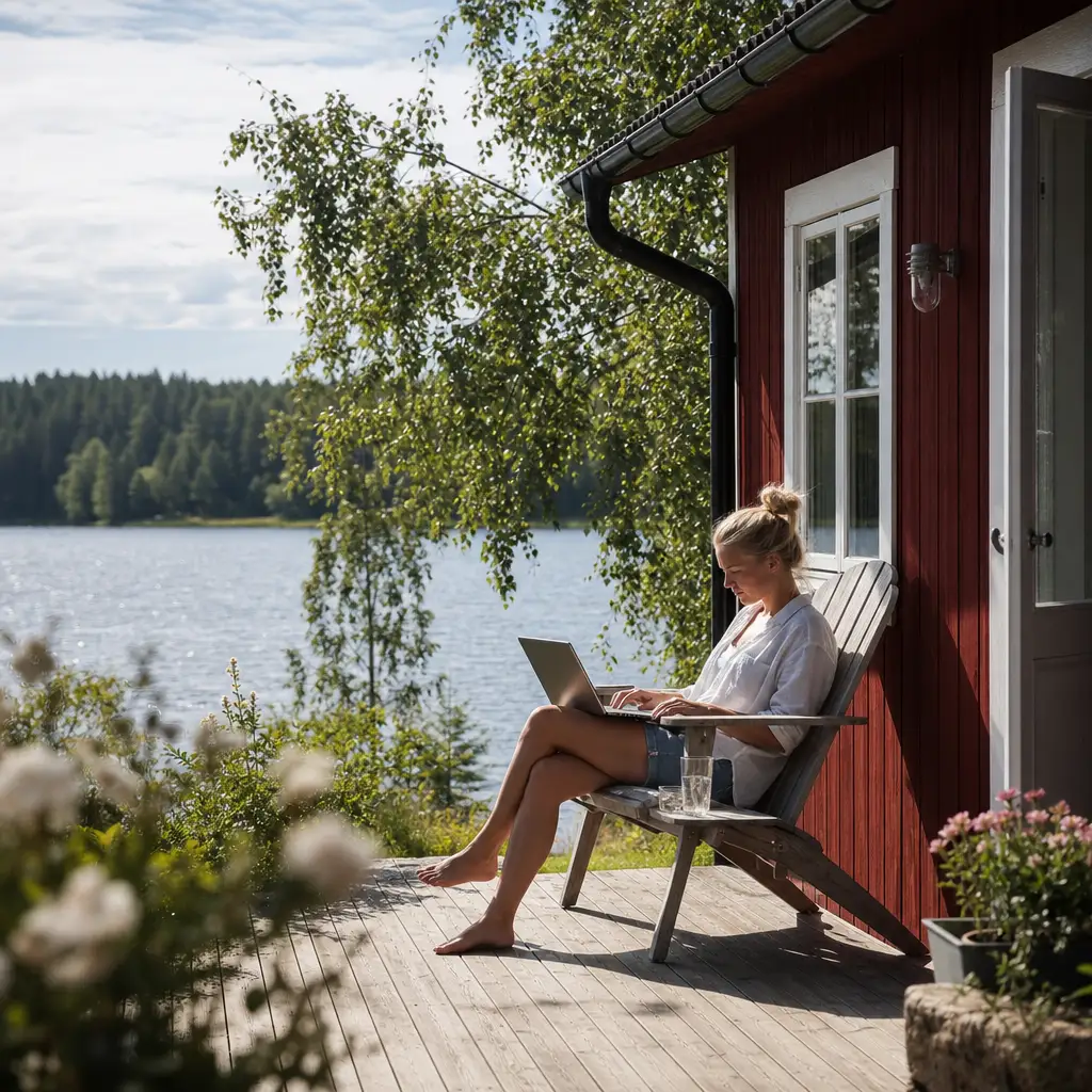 Röd stuga vid sjö med laptop