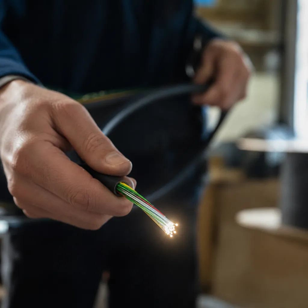 Närbild på fiberkabel med lysande ände